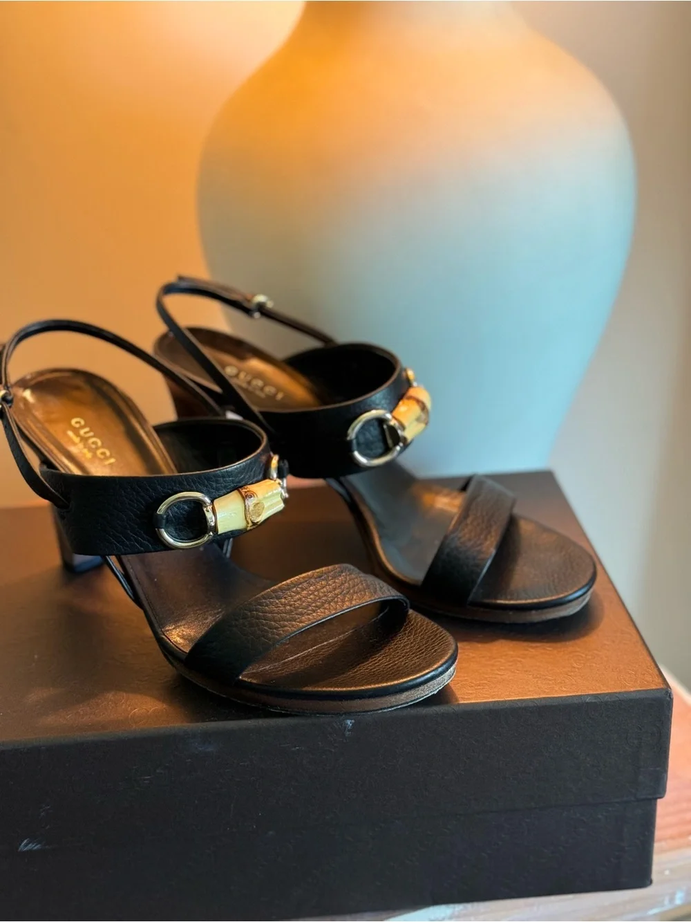 Gucci Black Leather Slingback Sandals with Gold Bamboo Accent